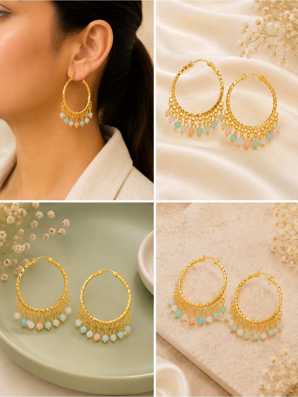 Gold Hoop Earrings with Mint and Peach Bead Fringe - Women Jewelry